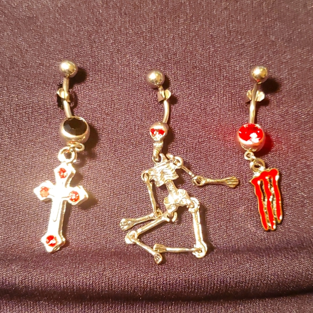 Belly button ring 3 piece set jeweled monster logo, cross
